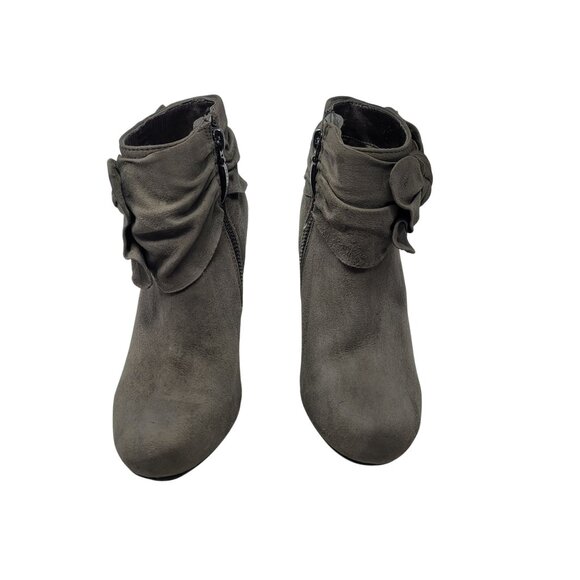 Vtg DKNY Vegan Faux Suede Gray Wynette Ankle Boots Sz 6 Heel Bow Booties - Picture 2 of 11
